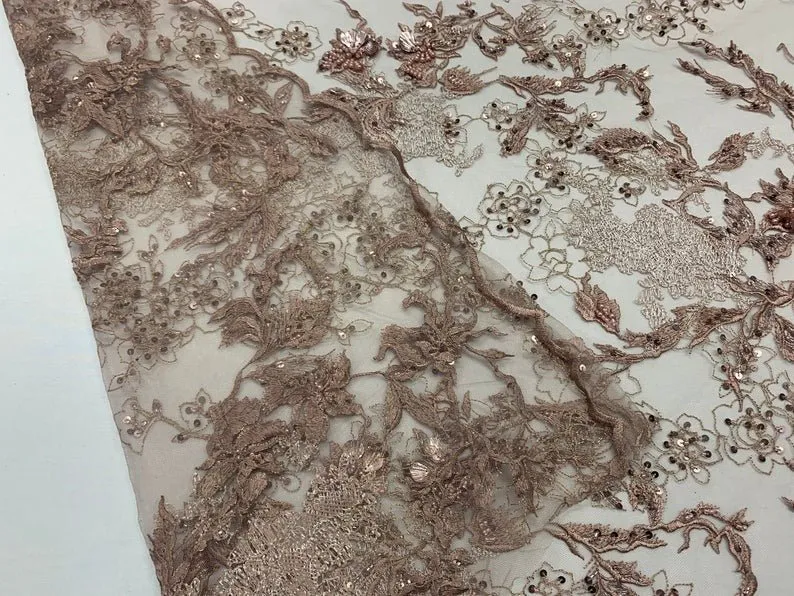 Dusty Rose Sequin Floral Bridal Fabric / Beaded Fabric / 3D Lace Fabric