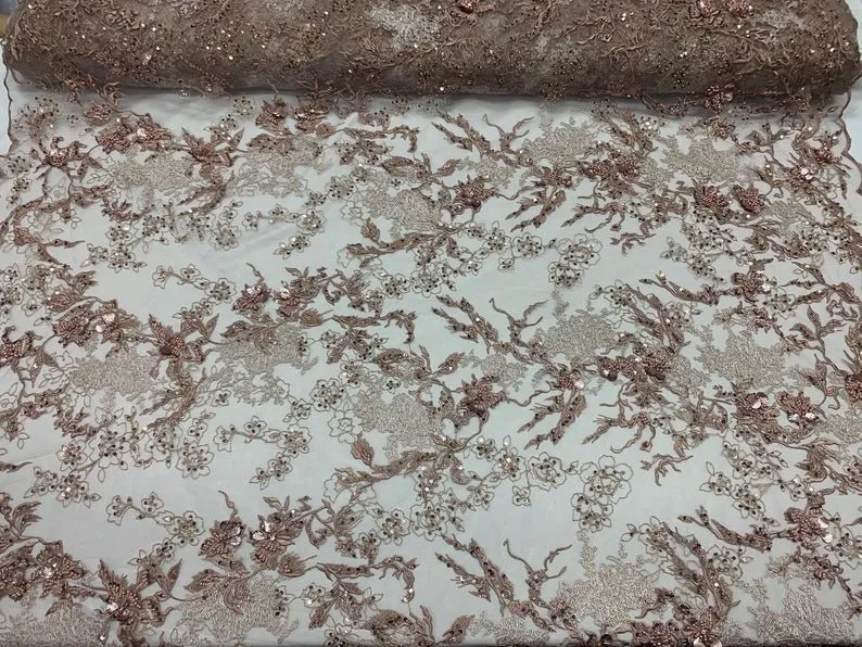 Dusty Rose Sequin Floral Bridal Fabric / Beaded Fabric / 3D Lace Fabric