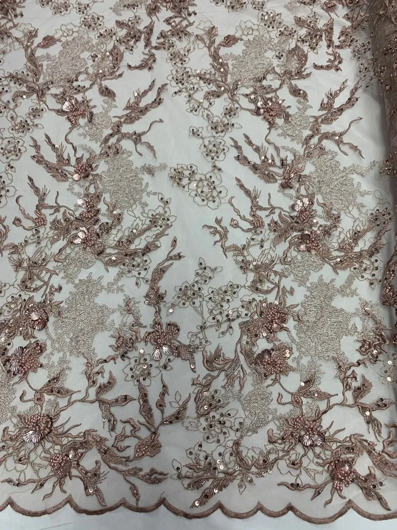Dusty Rose Sequin Floral Bridal Fabric / Beaded Fabric / 3D Lace Fabric