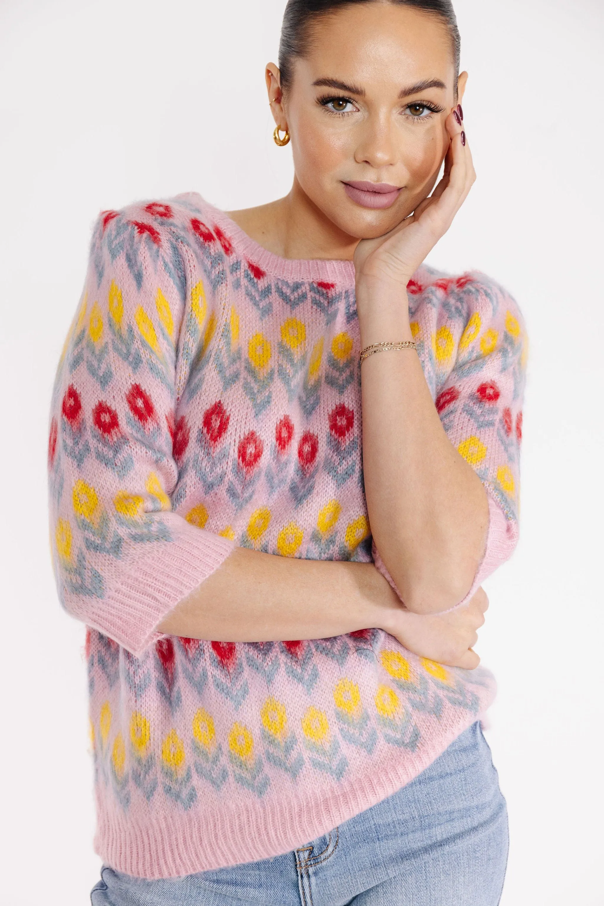 Flower Fields Sweater in Pink Multi