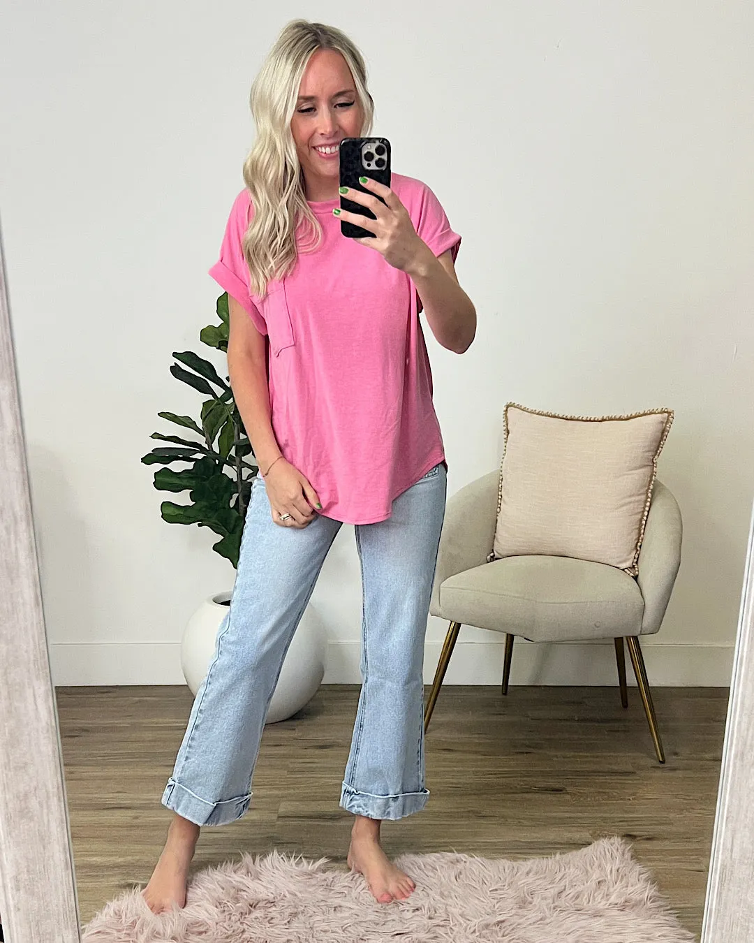 Girlfriend Roll Sleeve Pocket Top - Pink