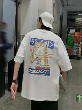 Harajuku Cat Eating Noodles Graphic Tee