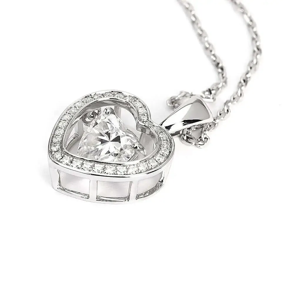 Harmony Heart-Shaped Dancing Moissanite Pendant with Halo in 18K Gold