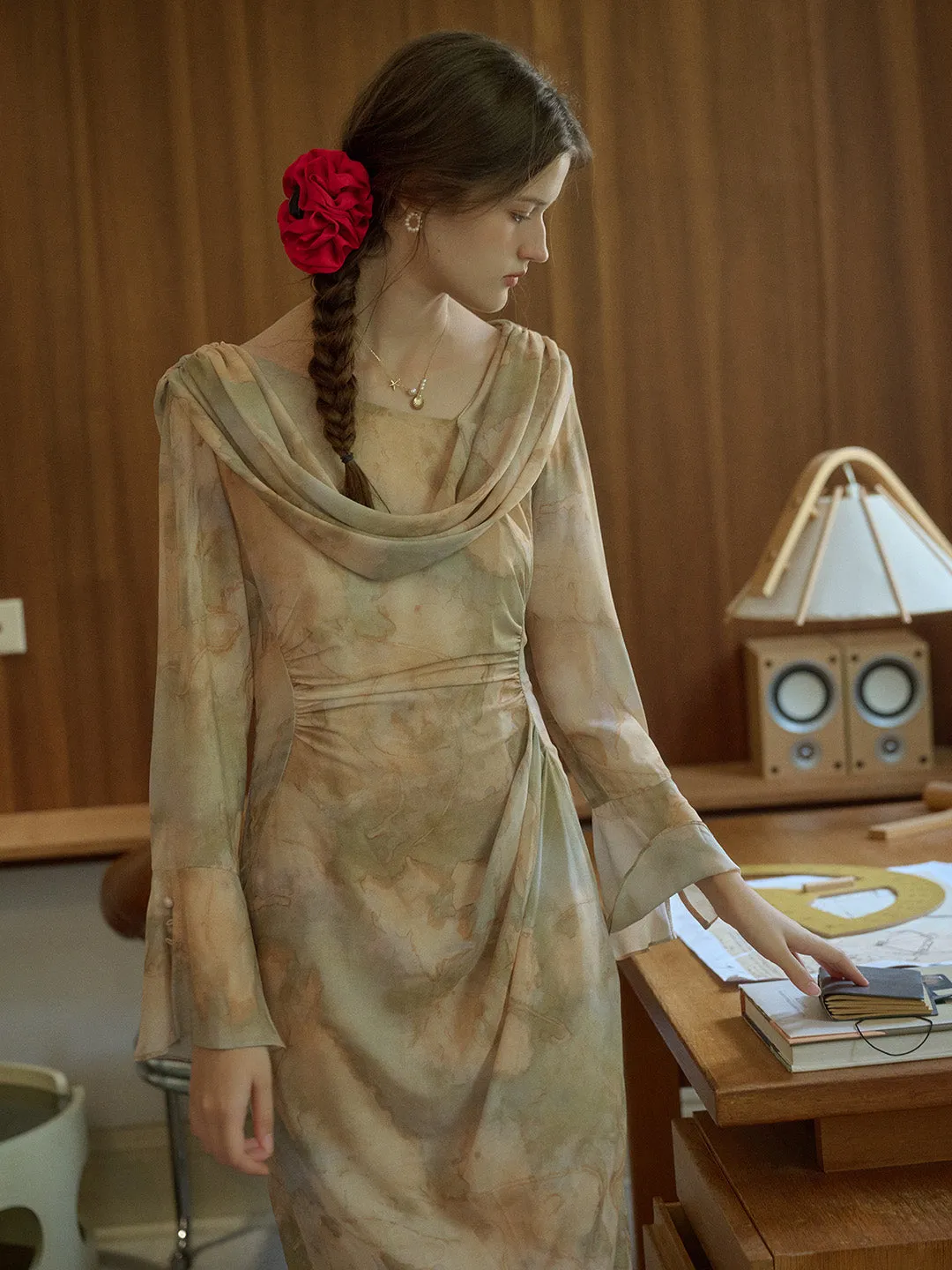 Jaliyah Elegant Vintage Oil Painting Print Slit Ruffled Sleeves Dress