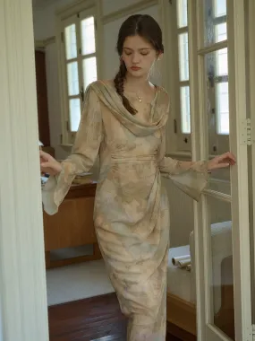 Jaliyah Elegant Vintage Oil Painting Print Slit Ruffled Sleeves Dress