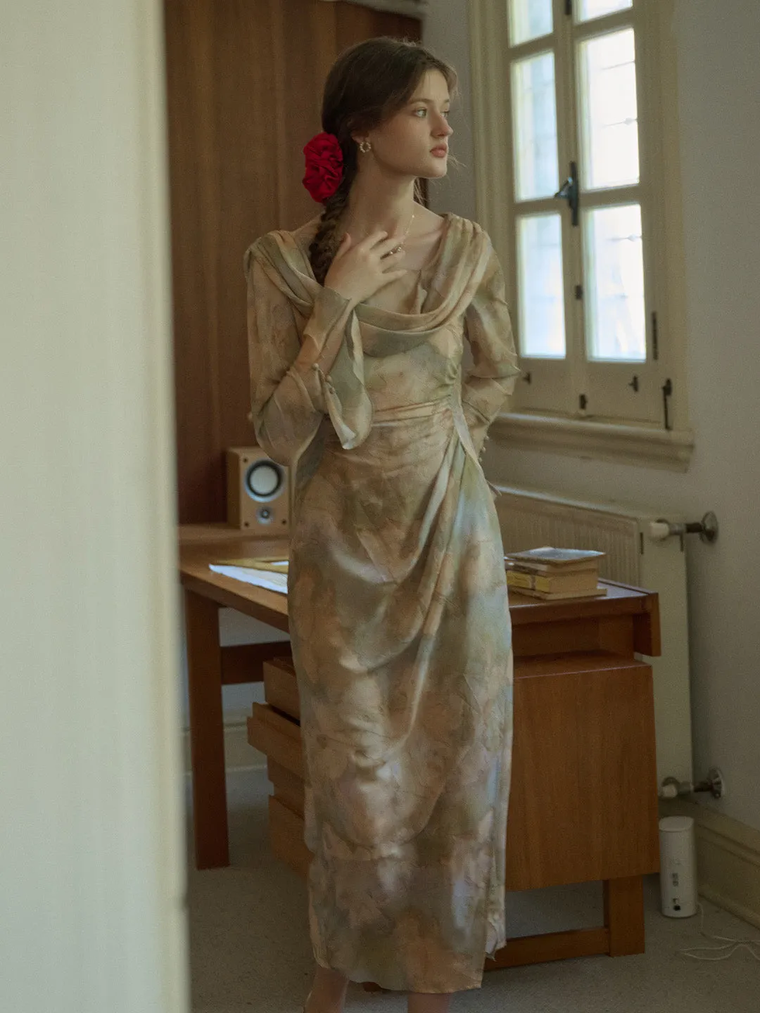 Jaliyah Elegant Vintage Oil Painting Print Slit Ruffled Sleeves Dress