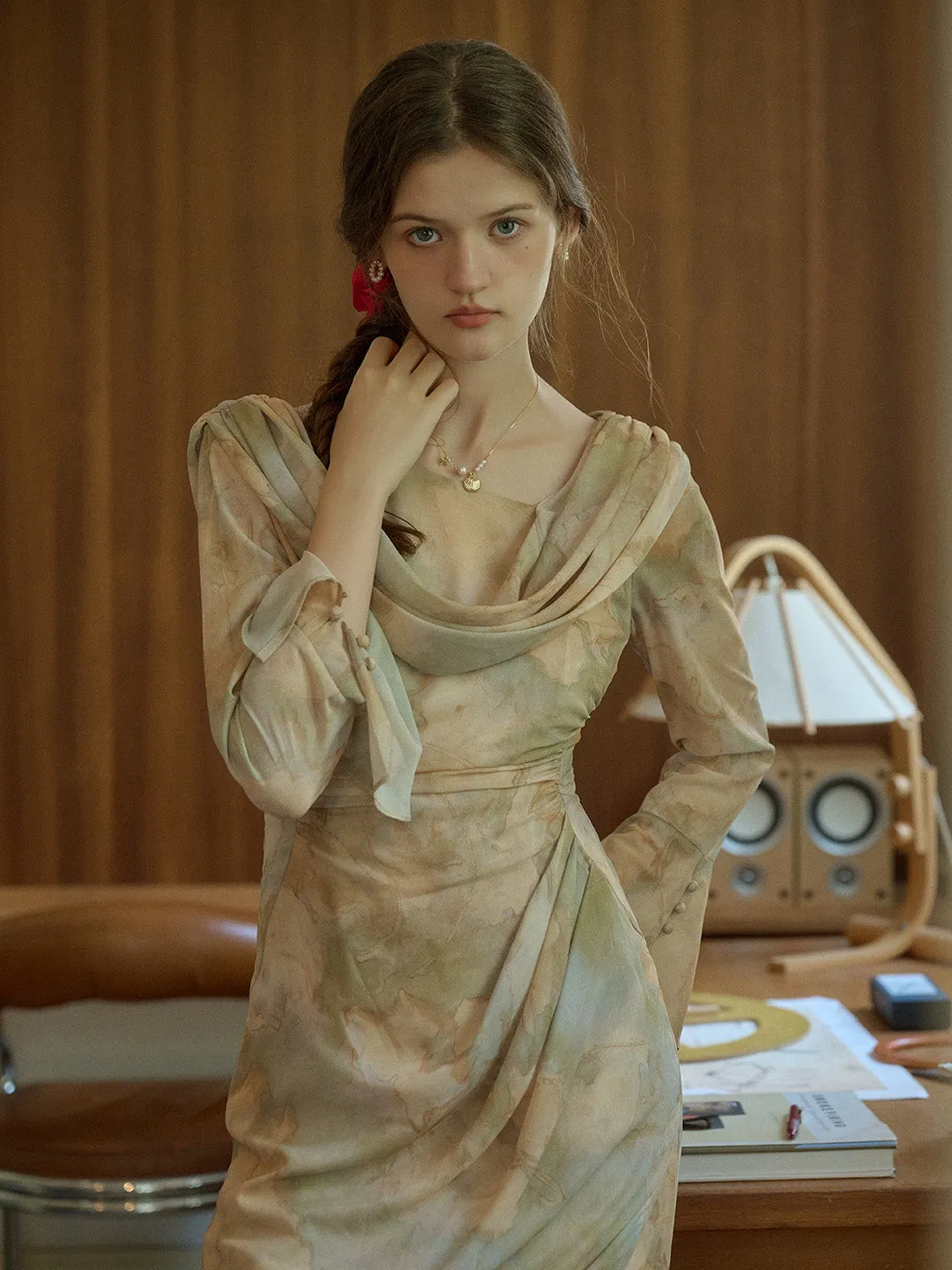Jaliyah Elegant Vintage Oil Painting Print Slit Ruffled Sleeves Dress