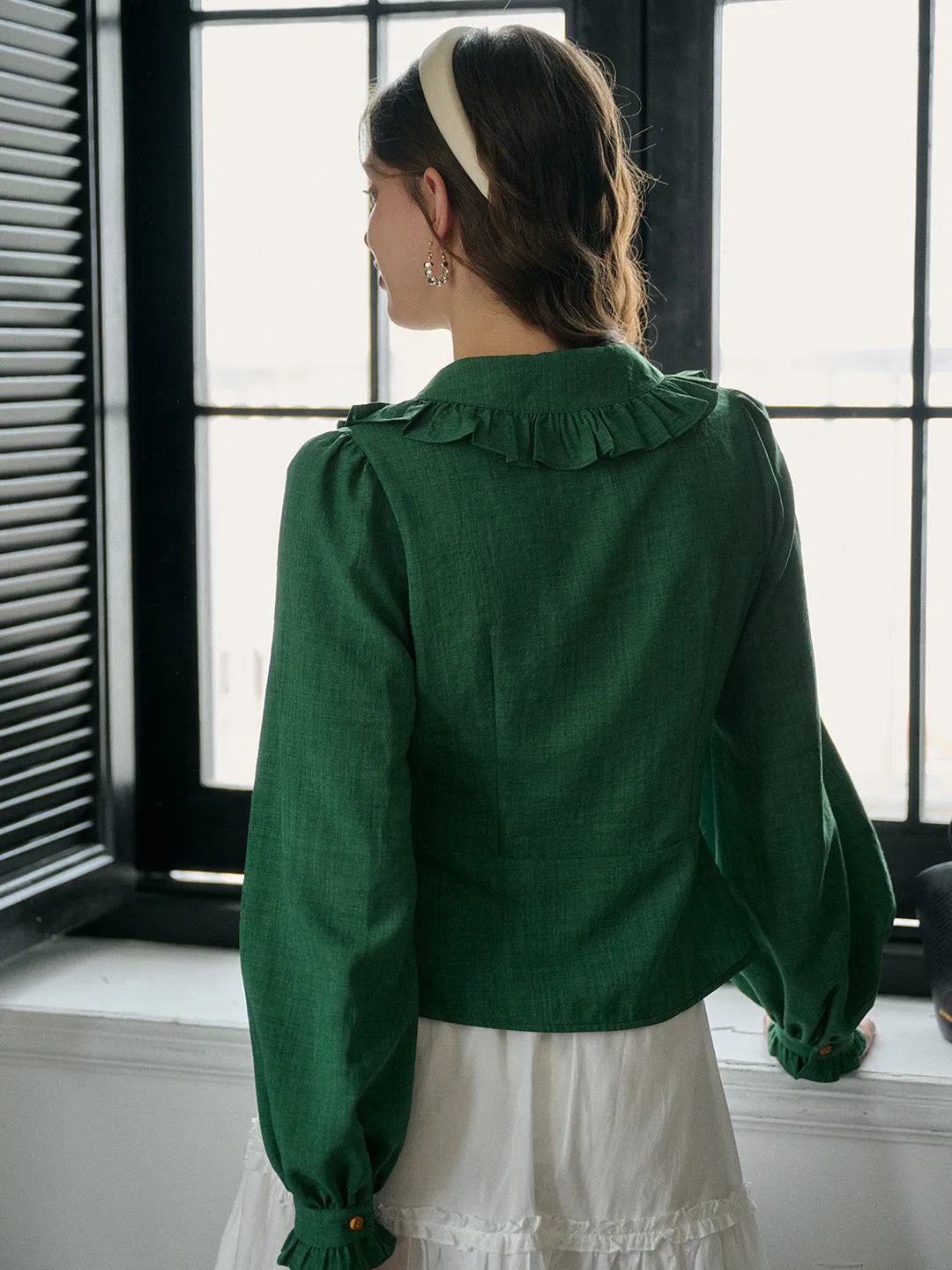 Karina Trimmed Lapel Rose Hem Ruffle Blouse