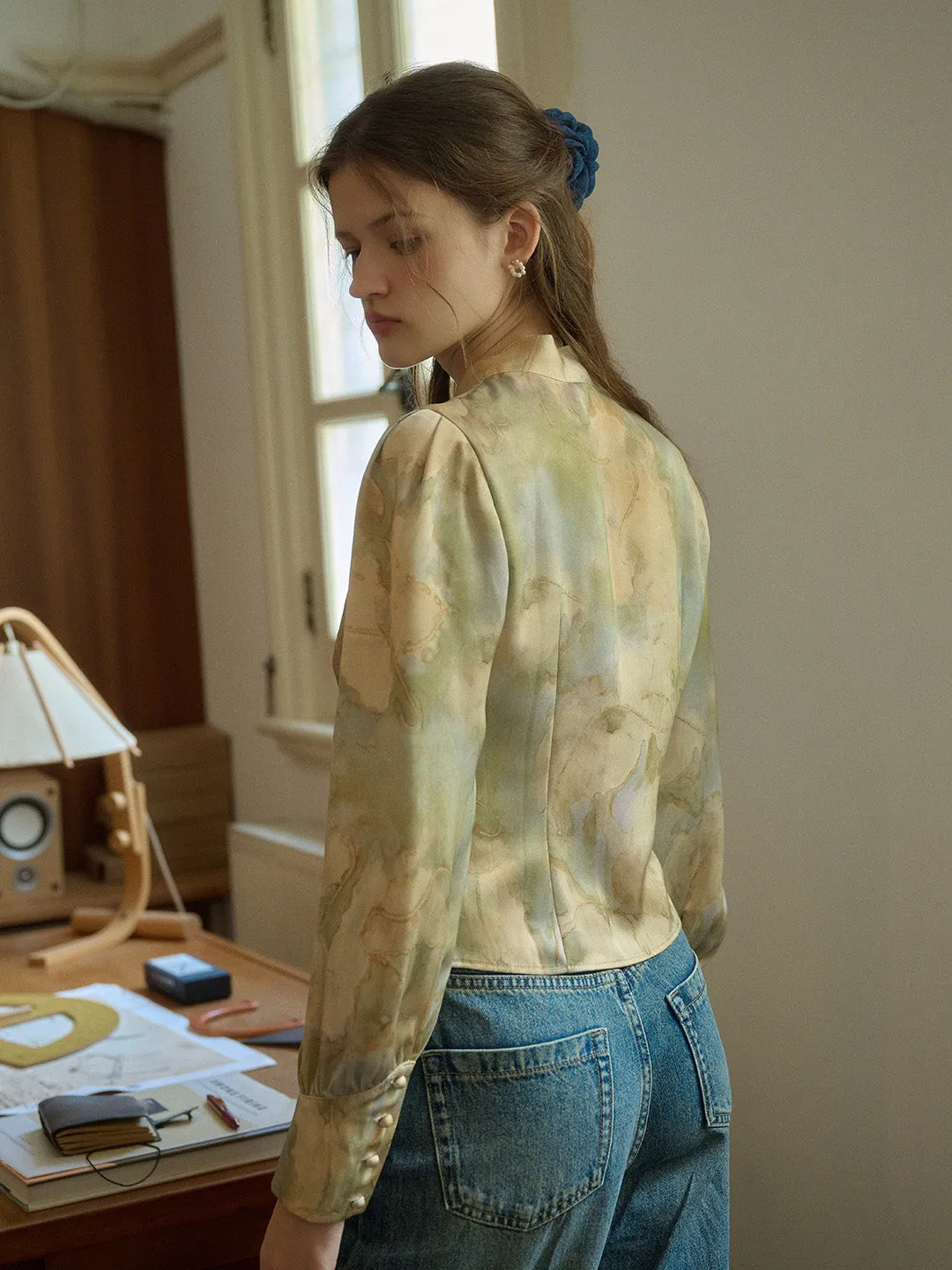 Melina Retro Oil Painting Print V-Neck Lace-Up Lantern Sleeve Satin Blouse