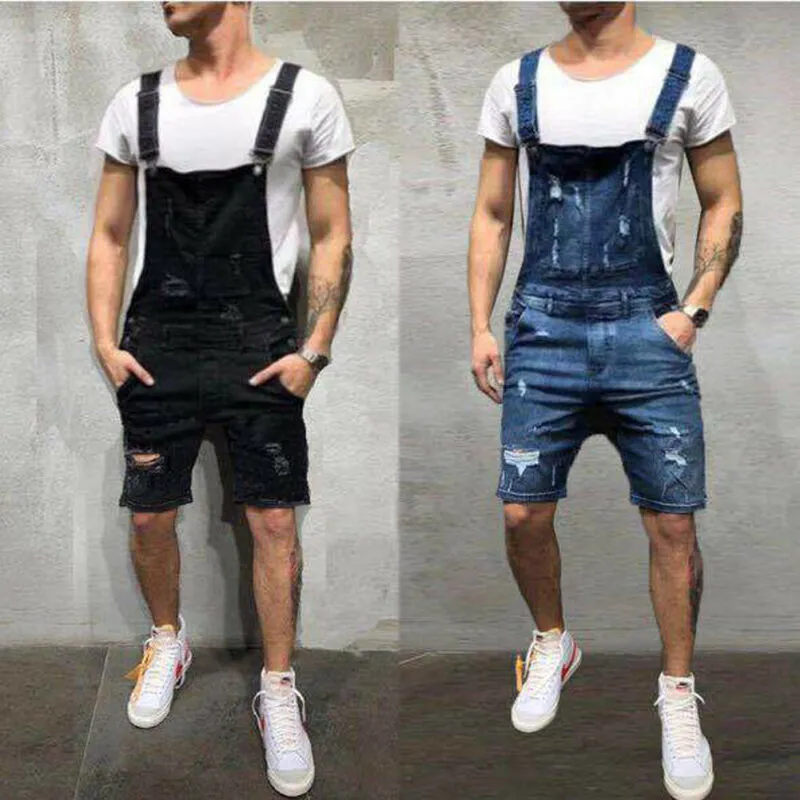 Men's Overalls Baggy Jeans Shorts Jumpsuits Men Shorts Summer Clothing Street Distressed Denim Bib Overalls Man Pants Plus Size