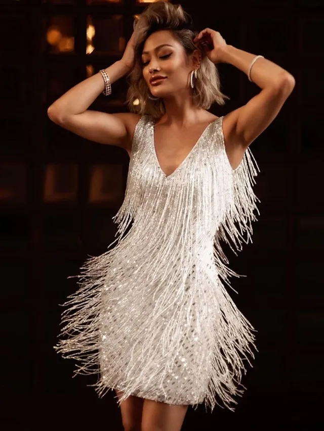 omen's Party Dress Fringe Dress Short Mini Dress White Gold Sleeveless Pure Color Tassel Fringe Spring Summer Spaghetti Strap Party Sexy Gatsby Party 2023