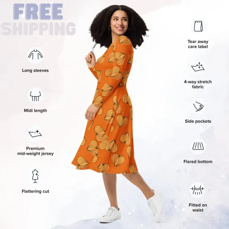 Pumpkin Hearts Orange Long Sleeve Midi Dress for Mom or Teacher