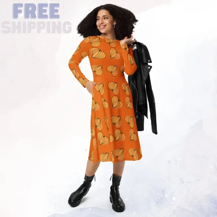 Pumpkin Hearts Orange Long Sleeve Midi Dress for Mom or Teacher