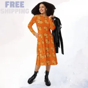 Pumpkin Hearts Orange Long Sleeve Midi Dress for Mom or Teacher