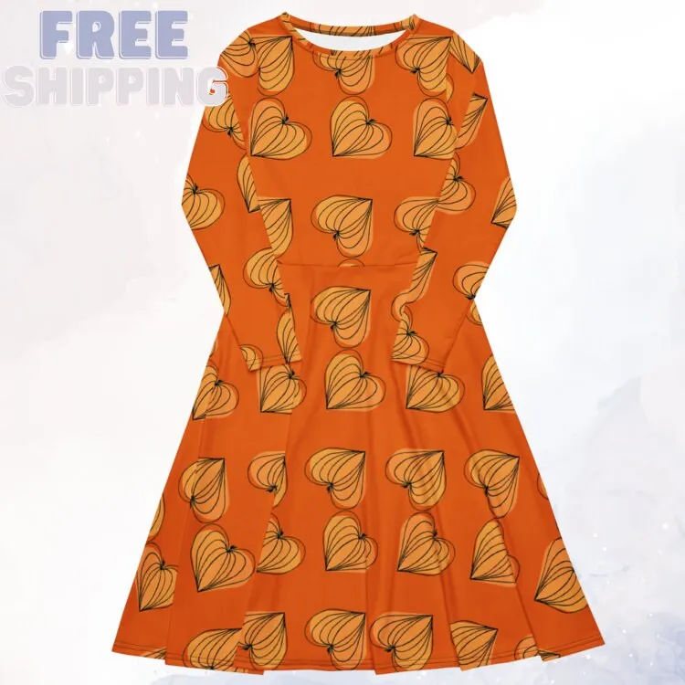 Pumpkin Hearts Orange Long Sleeve Midi Dress for Mom or Teacher
