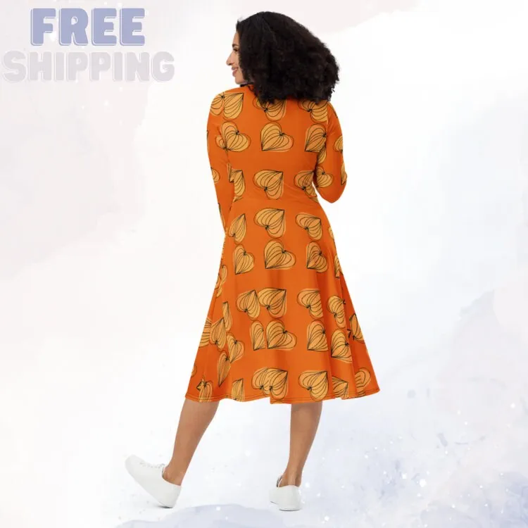 Pumpkin Hearts Orange Long Sleeve Midi Dress for Mom or Teacher