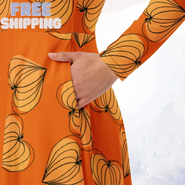 Pumpkin Hearts Orange Long Sleeve Midi Dress for Mom or Teacher