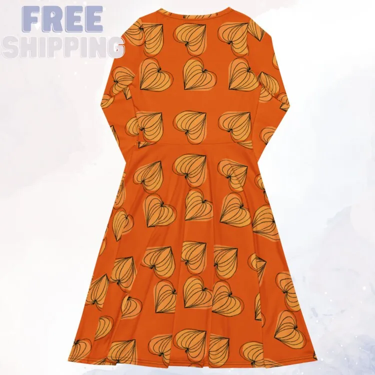 Pumpkin Hearts Orange Long Sleeve Midi Dress for Mom or Teacher