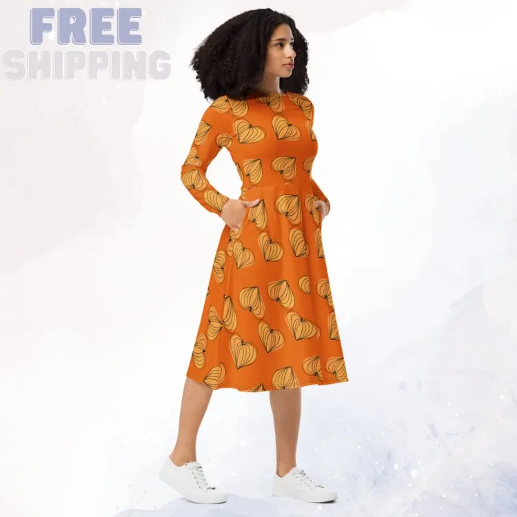 Pumpkin Hearts Orange Long Sleeve Midi Dress for Mom or Teacher