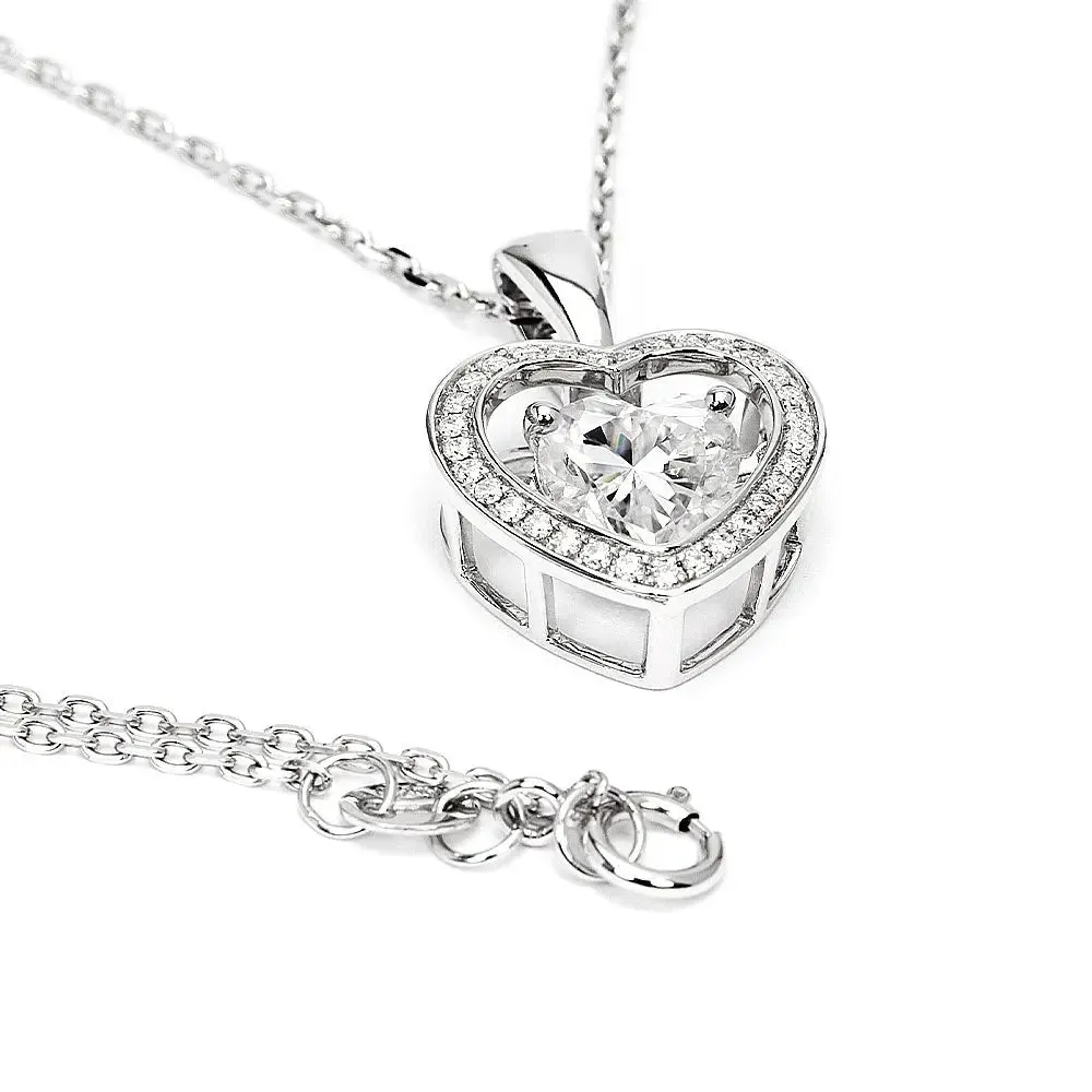 Ready Made | Harmony 2 Carat Heart-Shaped Dancing Moissanite Pendant with Halo in 18K White Gold