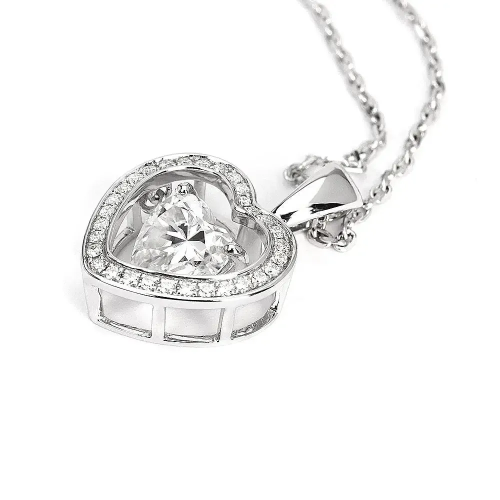 Ready Made | Harmony 2 Carat Heart-Shaped Dancing Moissanite Pendant with Halo in 18K White Gold