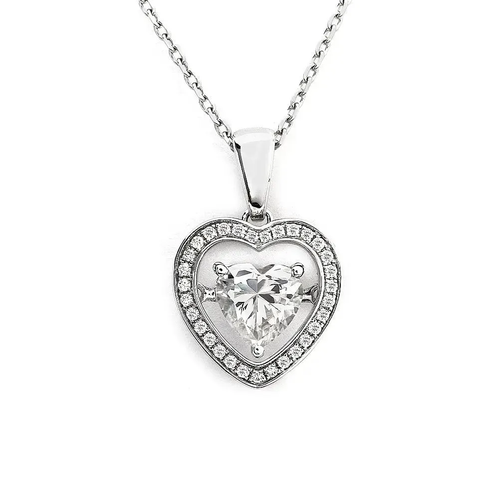 Ready Made | Harmony 2 Carat Heart-Shaped Dancing Moissanite Pendant with Halo in 18K White Gold