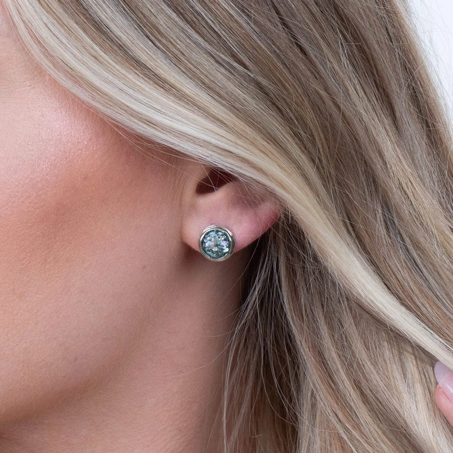 Roman Glass Patina Small Round Stud Earrings in Hammered Sterling Silver