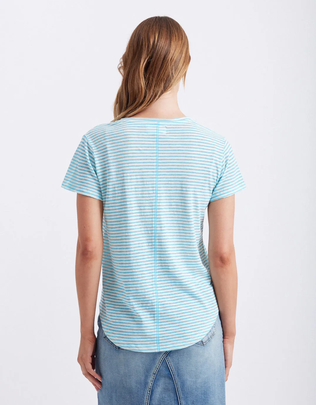 Sorbet Stripe Vee Neck Tee - Azure Blue