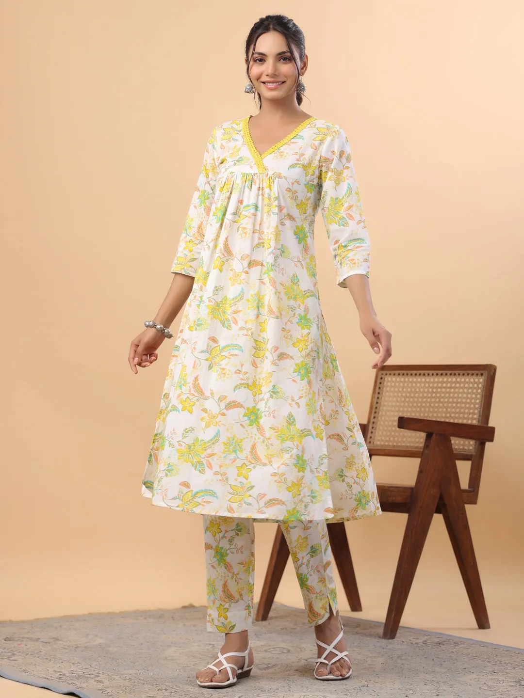 White Cotton Printed A-Line Kurta Set
