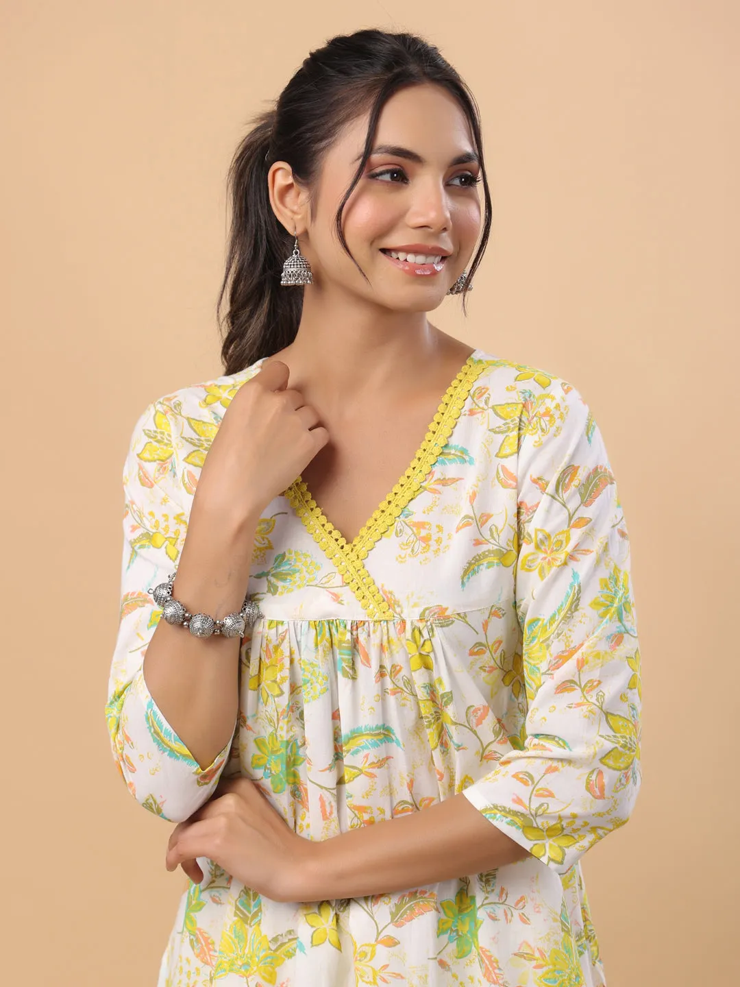 White Cotton Printed A-Line Kurta Set