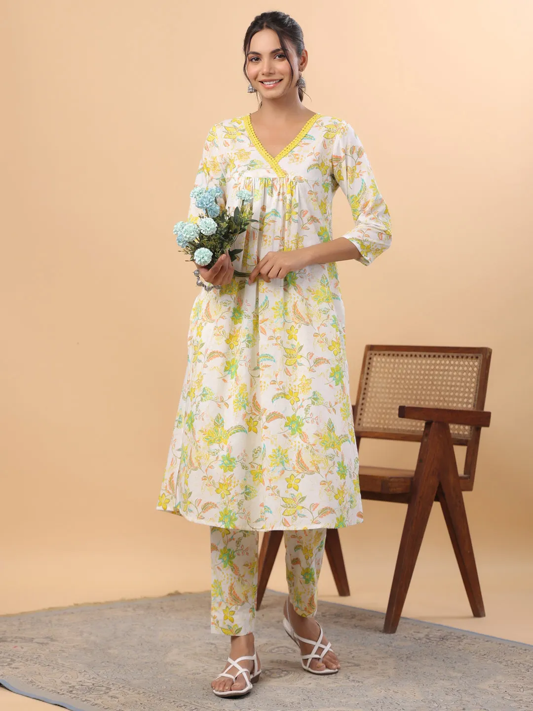 White Cotton Printed A-Line Kurta Set