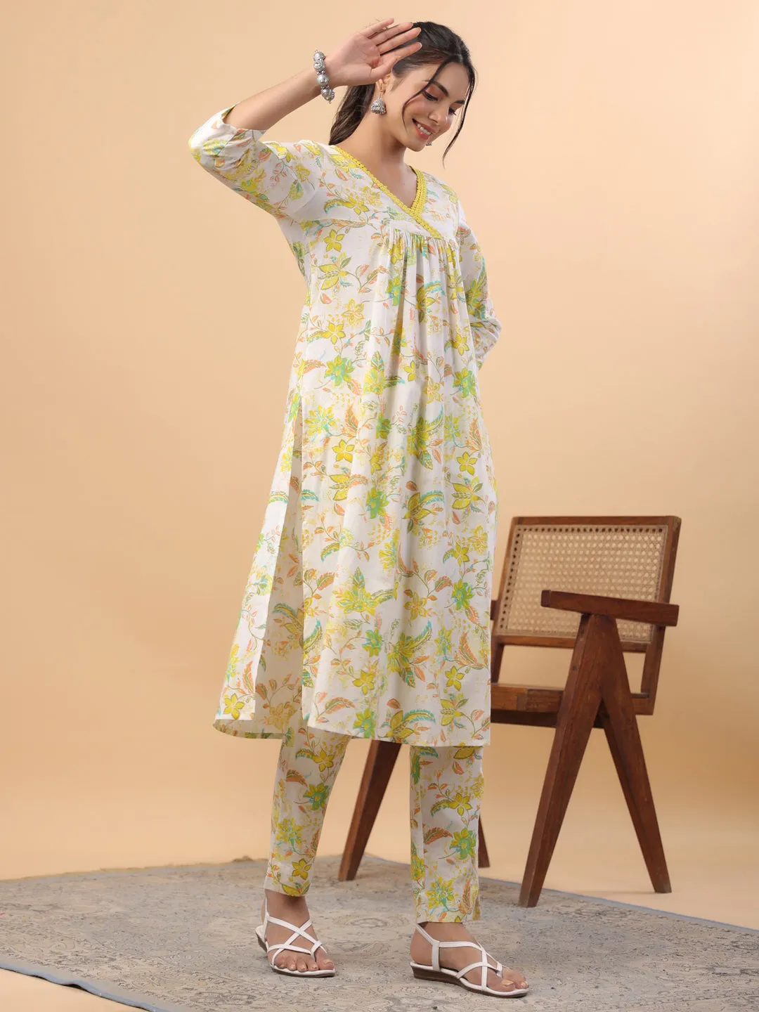 White Cotton Printed A-Line Kurta Set